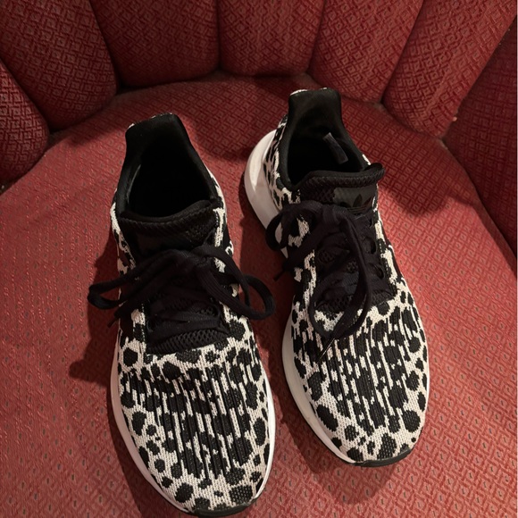 EUC Adidas swift running shoe with slip on feature; black and white fun print. - Picture 1 of 6
